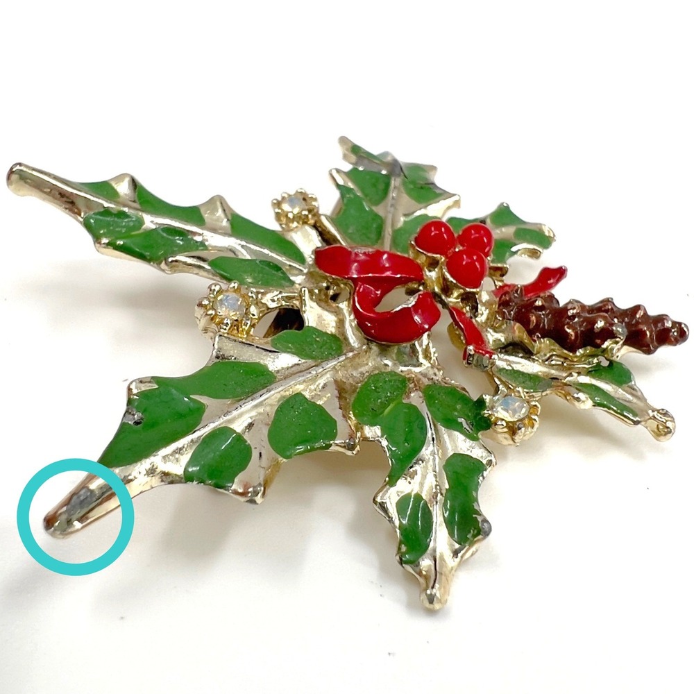 Vintage‎ Christmas Holly Pinecone Enamel Brooch Gold Red Green AB Pin - Picture 6 of 6